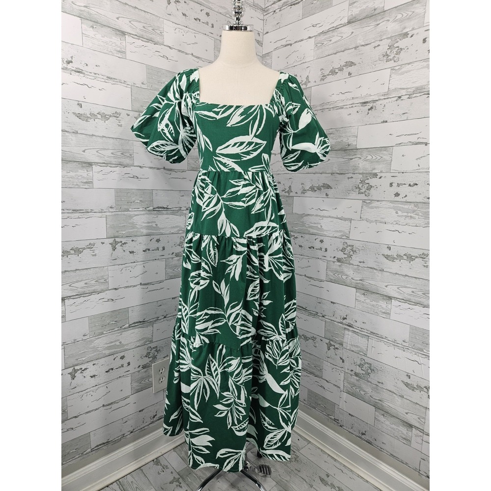 Kings Road Puff Sleeve Tiered Dress Green Leaf Print Women S